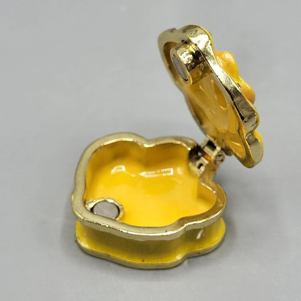 Work of Art Mini Trinket Pill Box Enamel Rose Rhinestone Yellow Shelf Decor